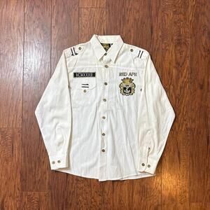 Vintage Red Ape Y2K 2000s Boys White Military Style Long Sleeve Button Up Shir